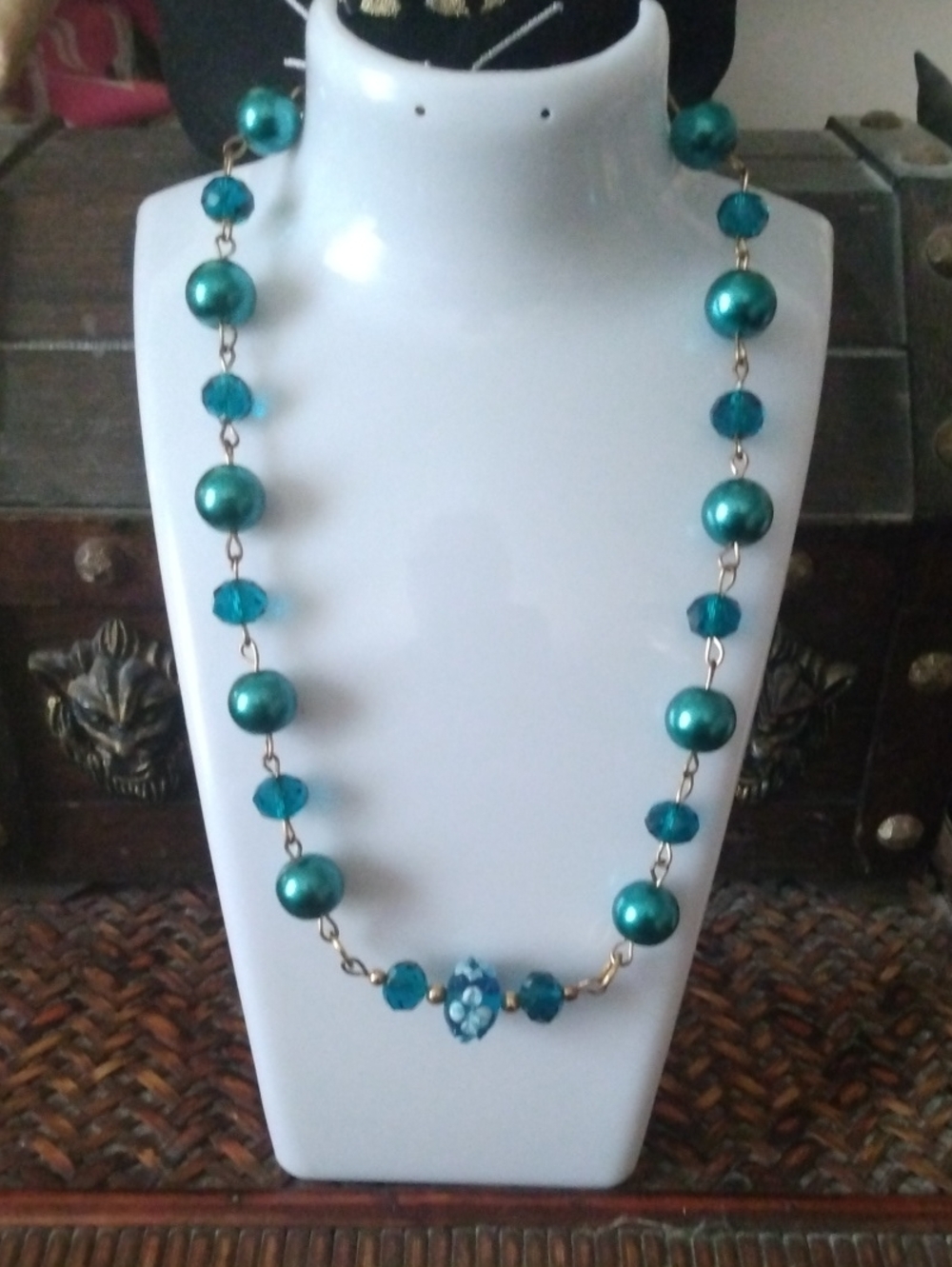 Blue Pearl And Glass Beaded Statement Necklace - Women Jewelry